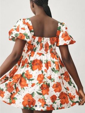 Anthropologie Maeve square-neck smocked babydoll printed dress red